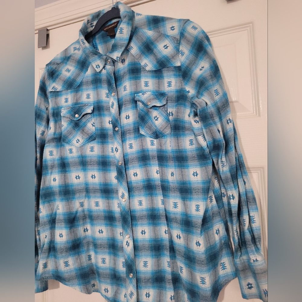 Bit & Bridle Cotton Western Cowgirl Pearl Snap Button Front Flannel Shirt Size L